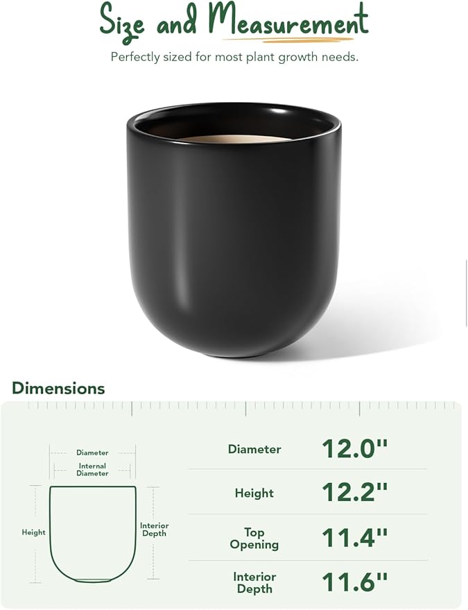 LE TAUCI 12 Inch Pots for Plants, Ceramic Large Planters for Home Garden Patio Office, Indoor Modern Plant Pots with Drainage Hole and Rubber Plug, Black