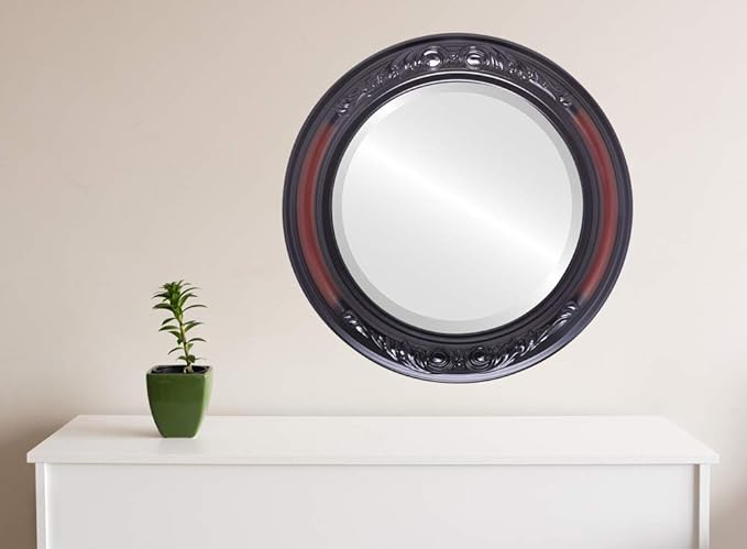 OVALCREST Round Beveled Wall Mirror for Home Decor - Florence Style - Rosewood - 34x34 Outside Dimensions