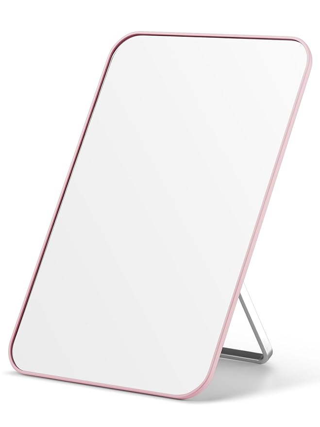 OMIRO Desk Makeup Mirror, 8 x 5 inches Table Mirror with Foldable Stand and Hanging Hole for Shaving and Travelling, Pink