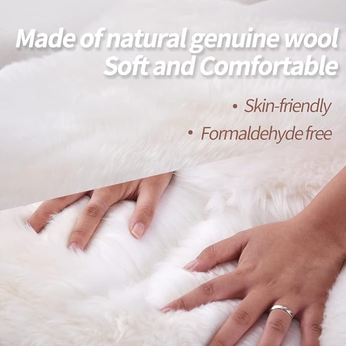 Premium Genuine Fur Sheepskin Rug Real Australia Sheepskin Natural Luxury Fluffy Lambskin Fur Area Rug Seat Covers for Kids Bedroom Sofa Chair Cover (Creamy White, Double Pelt/2ft x 6ft)