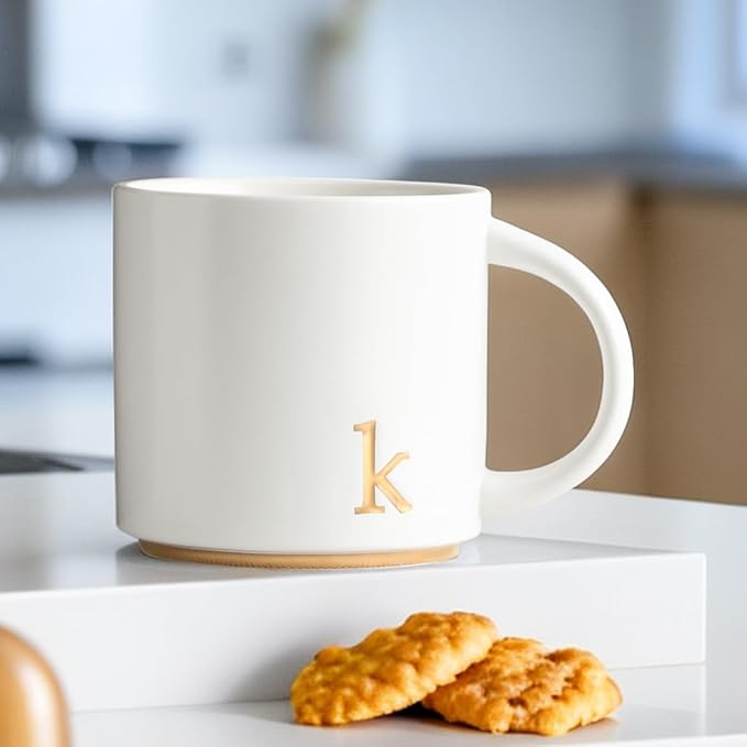 COLLECTIVE HOME - Monogram Ceramic Mugs, 15 oz Golden Initial Coffee Cups, Elegant Alphabet Tea Mugs, Elegant Personalized Mug with Gift Box, Luxurious Cups for Office and Home (k)