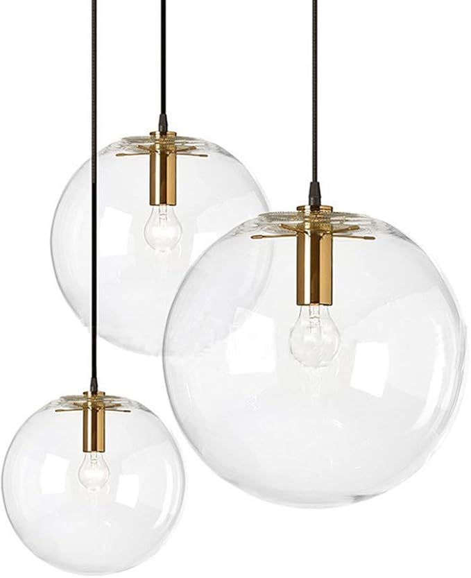 Spherical LED Clear Glass Hanging Light, Creative Single Pendant Light, Ceiling Light Base on E27 Gold Lamp Holder (25CM)