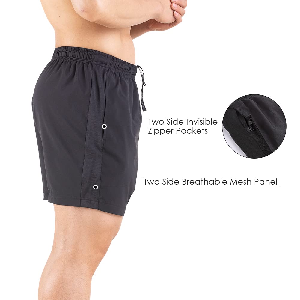 Gaglg Men's 5" Running Shorts 2 Pack Quick Dry Athletic Workout Gym Shorts with Zipper Pockets Black/Gray,Large
