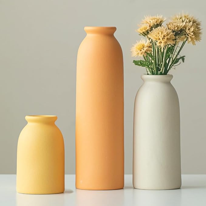 10.4 inches Tall Decorative Ceramic Vase Set, 3 Pieces, 10 inches Nordic Modern Style, White, Farmhouse Home Boho Shelf Decor(Orange)