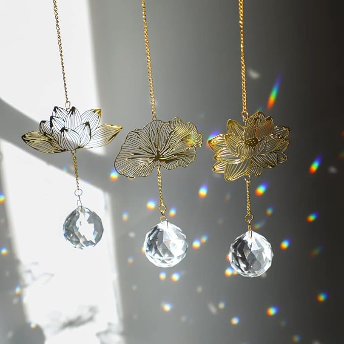 H&D HYALINE & DORA Suncatchers Lotus Leaf Pendant with Crystal Prisms Window Hang Sun Catcher Ornament Rainbow Maker for Home Garden Rearview Mirror Charms, Pack of 3