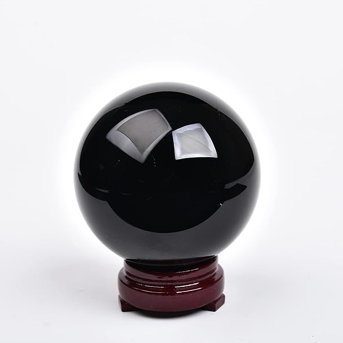 JIC Gem Small Black Crystal Ball - Obsidian Sphere with Wooden Stand for Feng Shui Healing, Meditation (70-80mm)