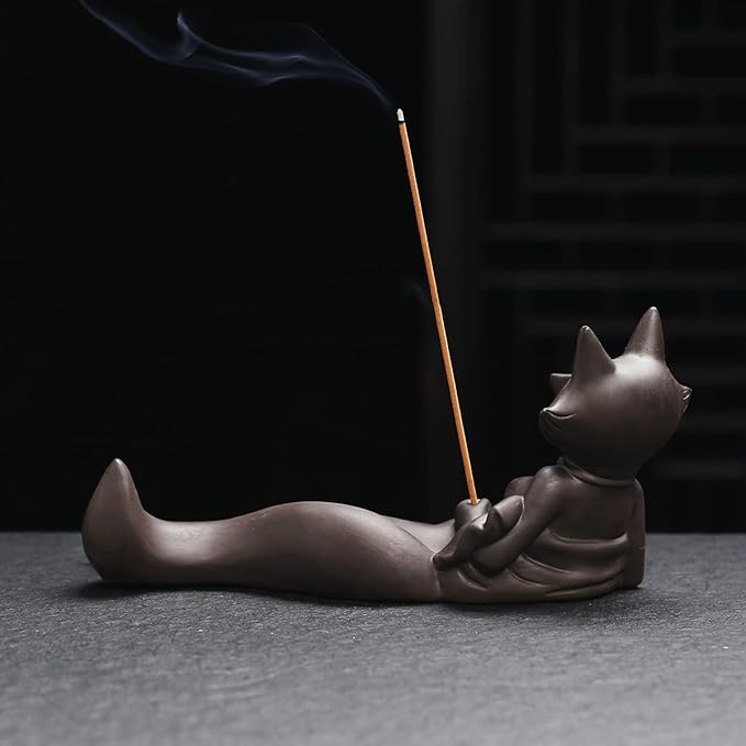 ChangWanna Incense Holder for Sticks - Funny Fox Insence Burner Ash Catcher, Cute Ceramic Insense Stand with 45 Sandalwood Incense Sticks for Aromatherapy/Yoga/Meditation/Home Living Room Office Décor