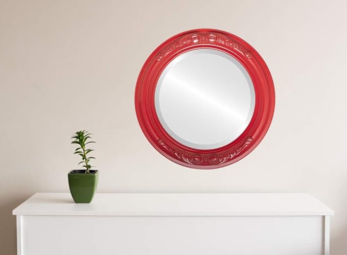 OVALCREST Round Beveled Wall Mirror for Home Decor - Florence Style - Holiday Red - 34x34 Outside Dimensions