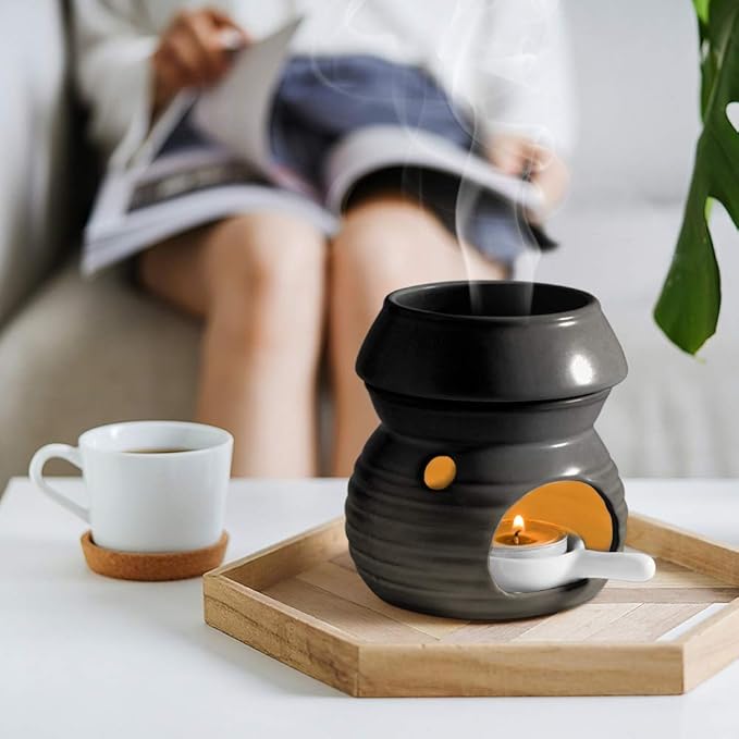 ComSaf Essential Oil Burner Wax Melt Burner with Candle Spoon, Aromatherapy Aroma Burner Ceramic Oil Diffuser Candle Tealight Oil Warmer Yoga Spa Home Decor Christmas Housewarming Gift Black 1Pack