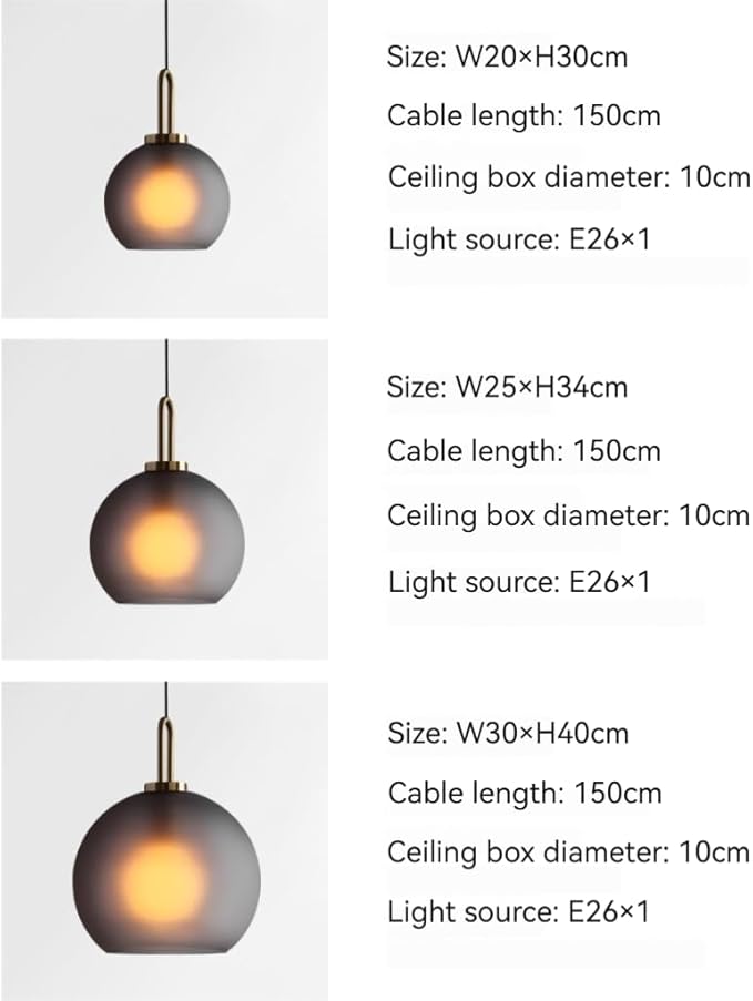250mm Frosted Grey Spherical Glass Pendant Light, Frosted Grey Glass Globe with Brass Socket Hanging Lamp for Kitchen Island (25CM)