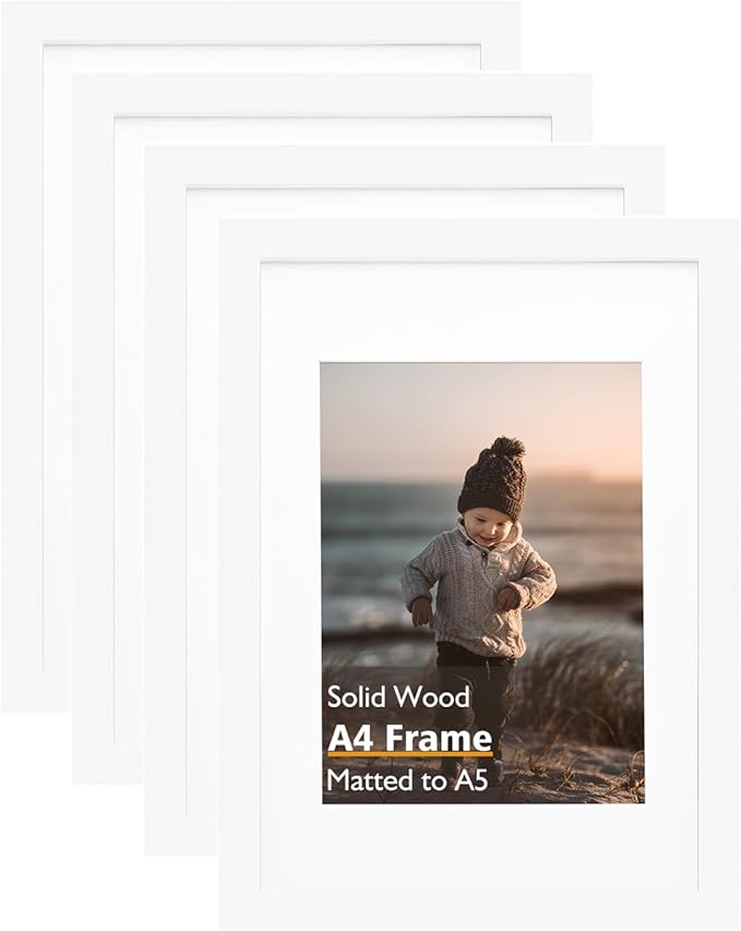 KINLINK A4 Picture Frame, White Solid Wood Frames with Acrylic Plexiglass for Pictures A5 with Mat or A4 without Mat, Tabletop and Wall Display Photo Frame 4 Pack