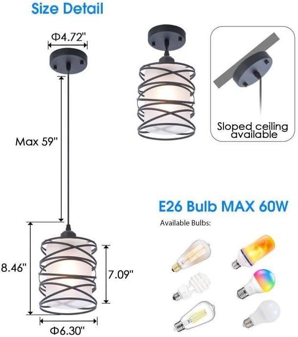 3-Pack Modern Mini Pendant Light Fixture Kitchen Island Pendant Lighting 6.3''Matte Black Spiral Cage and Handblown Frosted Glass Shade Adjustable Cord for Dining Room Hallway Entryway