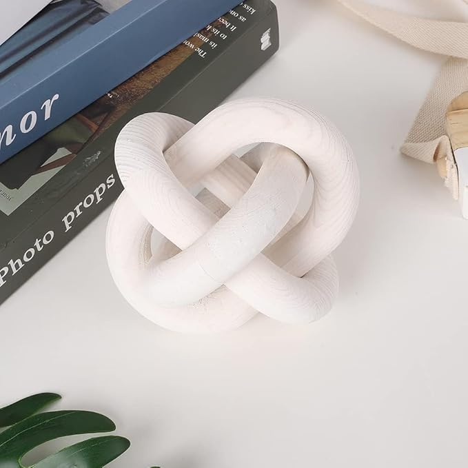 Wood Knot Decor -Coffee Table Decor Shelf Decor Table Books Hand Carved Home Decoration Boho Country Rustic Modern Shabby Chic Style Decor 3 Link Wooden Knot Chain Link Decor (White)