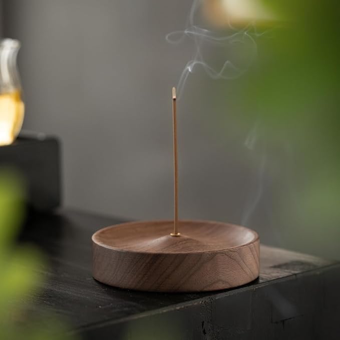 Black Walnut Incense Holder for Sticks - Round Wooden Incense Burner Tray, Handcrafted Natural Aroma Diffuser Bowl with Minimalist Design