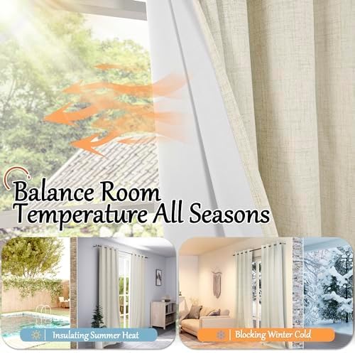Lajode Short Blackout Curtains 45 Inch Length 2 Panels, Thermal Insulated Total Light Blocking Linen Window Curtains for Farmhouse Bedroom Basement, Bronze Grommet, Natural, Each 52" Wide