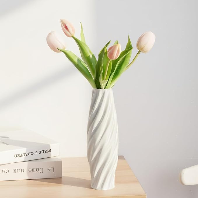 White Sculptural Ceramic Vase, Modern Irregular Shape Decorative Vase for Home Decor, Minimalist Artistic Tabletop Centerpiece for Living Room Bedroom Office