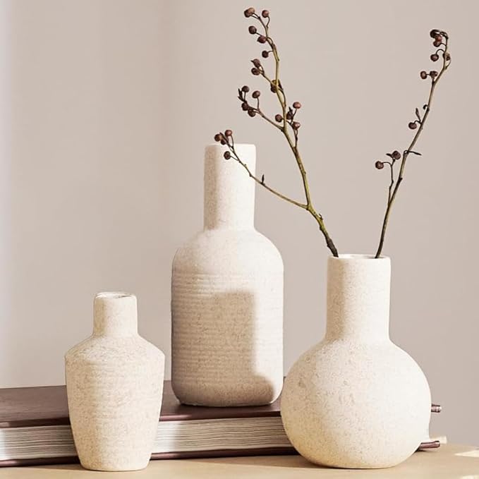 DN DECONATION Ceramic Vase Set of 3, Small Vases Home Decor Boho Rustic Farmhouse for Pampas Grass & Dried Fresh Flowers, Modern Decorative Vases for Living Room, Bedroom, Entryway, Shelf, Table Decor