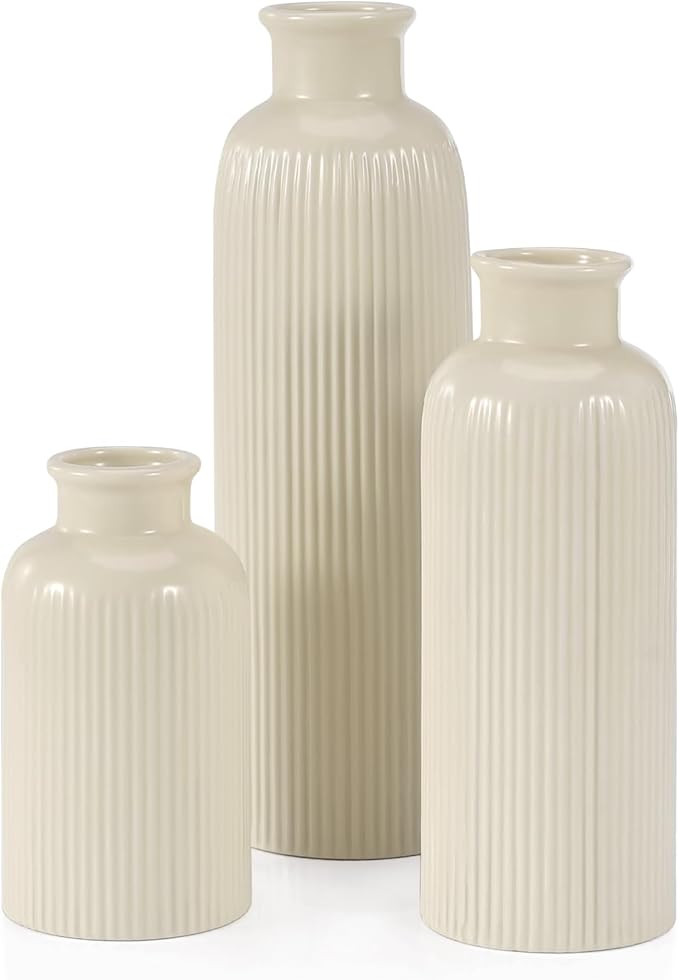 Small Beige Ceramic Vase Set of 3, Boho Modern Beige Flower Vase Room Decor, Farmhouse Decor, Vases for Your Kitchen, Bathroom, Bedroom, Living Room, Office&Shelf Centerpiece Table Decorations