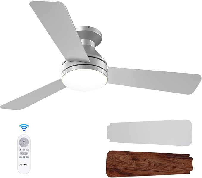 Amico Ceiling Fans with Lights, 42 inch Low Profile Ceiling Fan with Light and Remote Control, Flush Mount, Reversible, 3CCT, Dimmable, Noiseless, Silver Ceiling Fan for Bedroom, Indoor/Outdoor Use