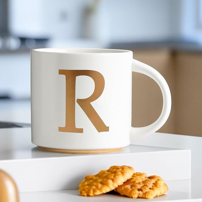 COLLECTIVE HOME - Monogram Ceramic Mugs, 15 oz Golden Initial Coffee Cups, Elegant Alphabet Tea Mugs, Elegant Personalized Mug with Gift Box, Unique Mug with Double Side Capital Letter (R)