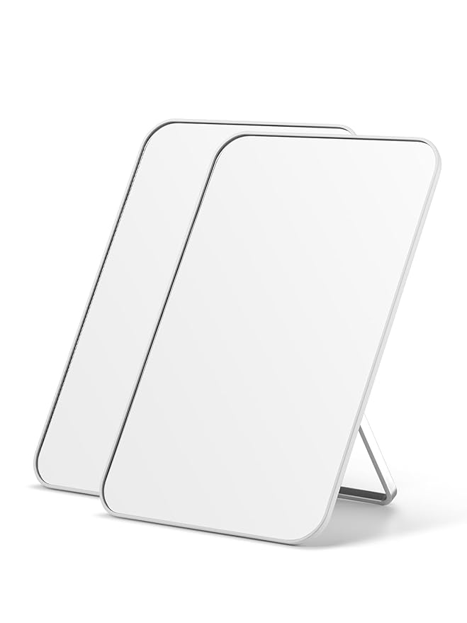 OMIRO Desk Makeup Mirror, 8 x 5 inches Table Mirror with Foldable Stand and Hanging Hole for Shaving and Travelling, White,2PCS