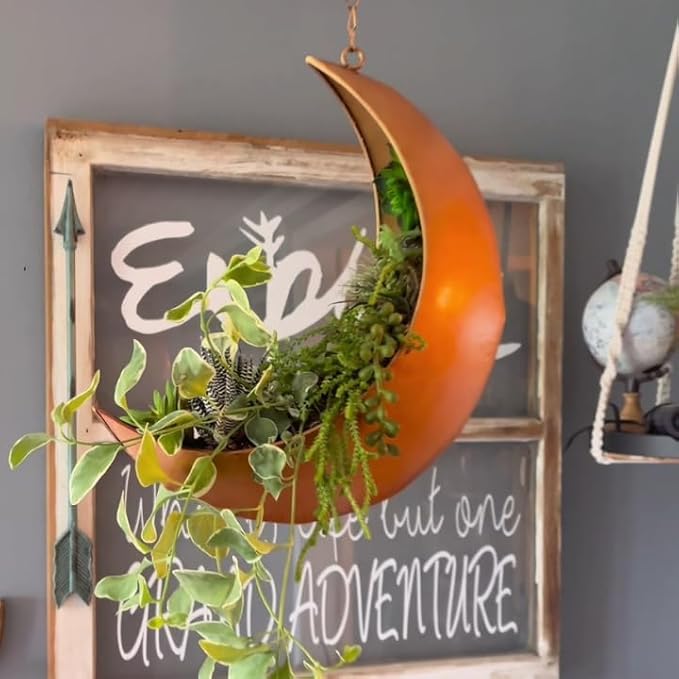 Gold Hanging Moon Planter – with Drain Holes - Moon Room Decor - Unique Planters for Succulents,Air Plant, Cactus, Artificial Plants- Plant Lover Gifts - Boho,Hippie, Birthdays,Witchy Gifts for Women