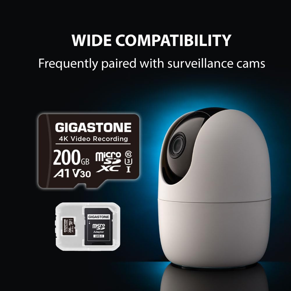 Gigastone 200GB A1 V30 4K 100MB/s Micro SD Card, Video Recording, Compatible with Security Camera, Dash Cam, Drone