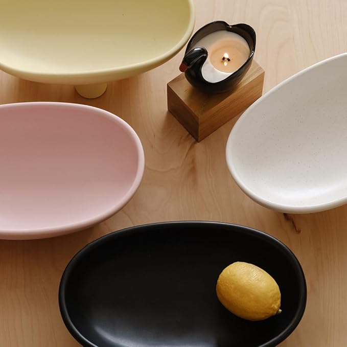 WENSHUO Three-Legs Ceramic Fruit Bowl for Kitchen Counter, Decorative Bowl for Table Décor, 10-inch Oval Large Bowls for Breads (Matte Yellow)