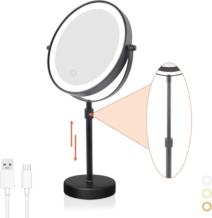 Nicesail LED Lighted Makeup Mirror Tabletop, 10X Magnifying Mirror with 3 Color Lights, Brightness Adjustable Height Adjustable, 15''~19'' Double Sided Touch Switch Desk Mirror, Black(8 Inch, 10X)