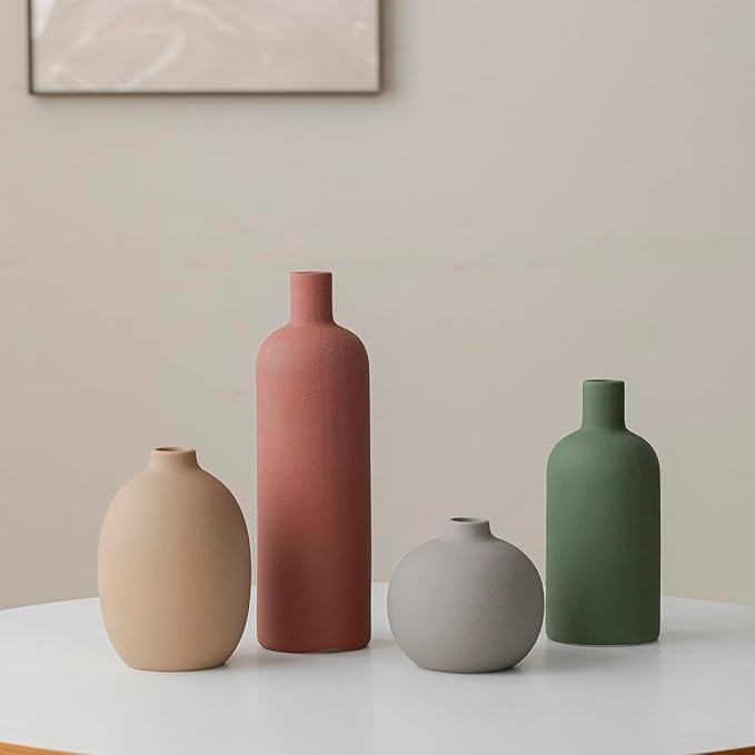 Modern Ceramic Vase Set, Neutral Colors, Decorative Vases for Home Decor, 4 Piece Collection (Green Mix Set 4)