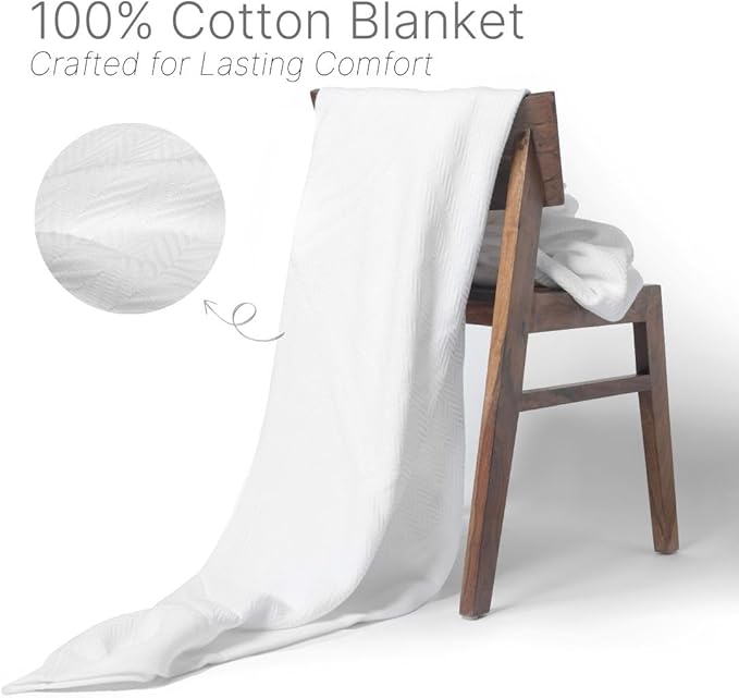 100% Cotton Herringbone Weave Blankets, 90"X90" Queen, Throw Blanket for Bed, All Season Cotton Blanket, Cozy Blanket,Throws & Bed Blanket, Throw Blanket for Couch, Modern Home Decor - White