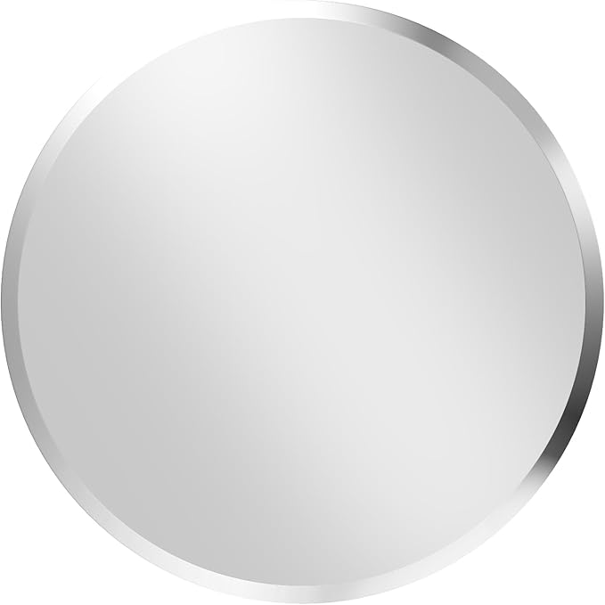 Frameless Round Wall Mirror: Decorative Mirrored Glass Vanity with Beveled Silver Edge for Bathroom Bedroom Livingroom Dining Room Entryway Hallway, 16 x 16 inch