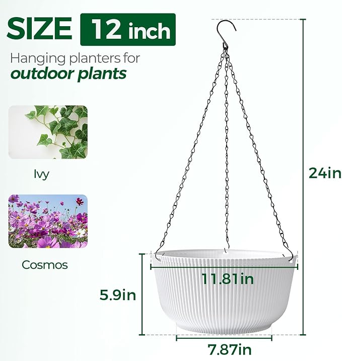 T4U 12 Inch Large Hanging Planters for Indoor Plants, 2 Pack Self Watering Pots Indoor, Hanging Baskets for Plants,Hanging Flower Pot with Drainage Hole and Plant Hanger, White
