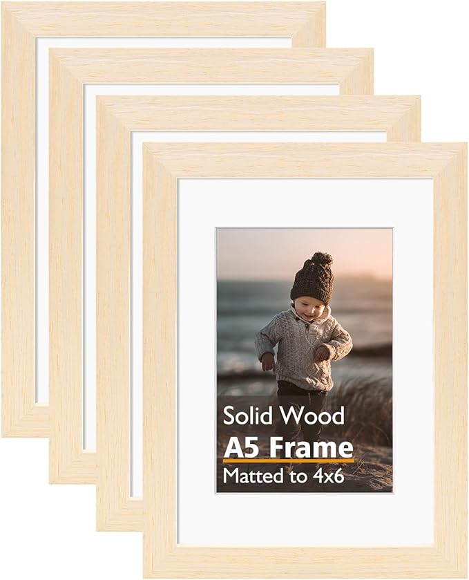 KINLINK A5 Picture Frame, White Oak Solid Wood Frames with Acrylic Plexiglass for Pictures 4x6 with Mat or A5 without Mat, Tabletop and Wall Mounting Display 4 Pack