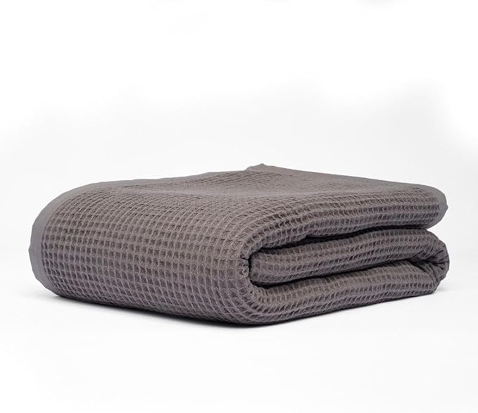 GOTS Certified Organic Cotton Waffle Weave Blanket, Queen Bed Size, 90"X90"Cozy Throw Blanket for Couch, Modern Home Decor, Throw Blankets,Waffle Blanket, Soft Bed Blankets -Charcoal Grey