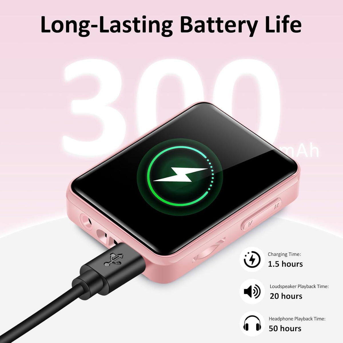 VANSING MP3 32GB MP3 1.8 inch 512GB(Pink) Player with Bluetooth, Portable Bluetooth Player for Kids, Music Player