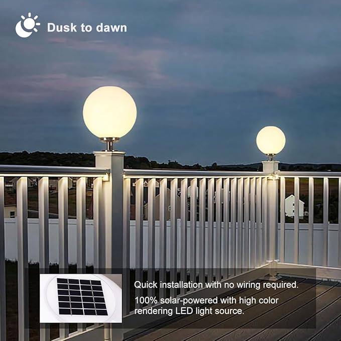 Solar Post Cap Lights, 15.7" Outdoor Fence Pedestal Globe Post Lamp Stainless Steel IP65 Waterproof External Column Lights, Vintage LED dimmable Pillar Lights for Farmhouse Lawn Road Driveway