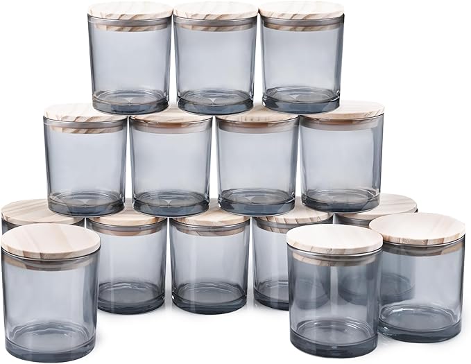 10 OZ Thick Candle Jars for Making Candles 15 Pcs, Empty Jars with Wood Lids for Candle Making, Sample Container, Grey