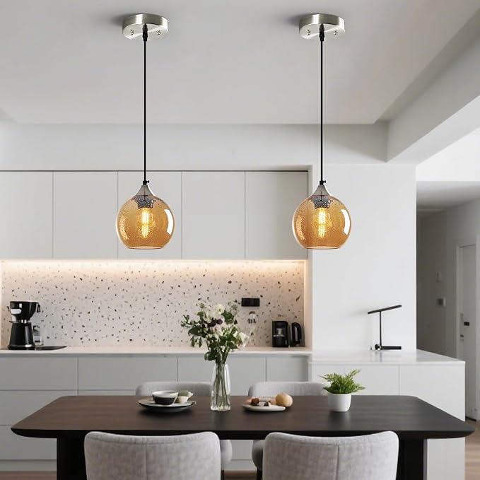 Amber Glass Pendant Lights Kitchen Island Globe Pendant Light Fixtures Modern Pendant Lighting for Bedroom Living Dining Room Light Fixture (5.9 in, 3 Pack)