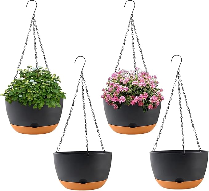 4 Pack Plastic Hanging pots for Plants Indoor,8 Inch Plant Pot Indoor Outdoor Hanging Baskets,Hanging Flower Pots with Drainage Holes and Chain for Garden Porch Plants(Black)