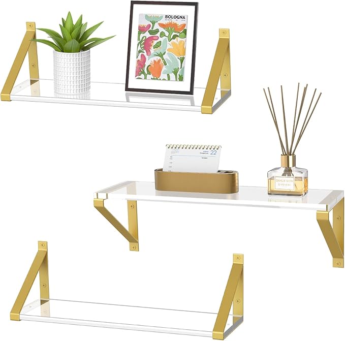 Clear Shelves, Gold Floating Shelves Wall Mounted Set of 3, 8mm Transparent Acrylic, Invisible Wall Shelves for Bedroom, Living Room, Bathroom, Kitchen, Office Display Decor (15in)