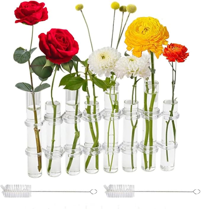 8PCS Test Tube Vases Decorative Glass Flower Vase Hinged Flower Vases Planter Flower Arranging Container Hydroponic Flower Holder Decor with 15PCS Hooks and 2PCS Brushes (VASES-B)