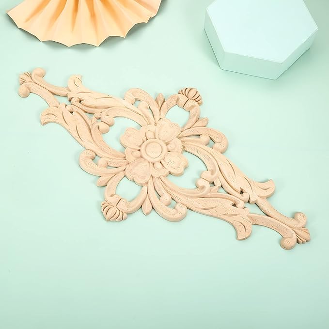 MUXSAM Wood Carved Appliques Furniture Decorative Onlays, 1Pc Unpainted DIY Center Carving Decal for Door Wall Ceiling Cabinet Dresser Mirror Bed Mantel Bench Decoration, 32x16cm/12.6"x6.3"