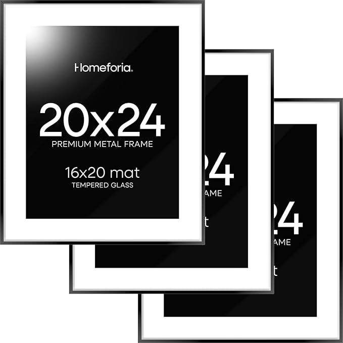 Homeforia 20x24 Picture Frame Black, High End Metal 20x24 Frame Matted to 16x20 Print, 20 x 24 Black Poster Frames with Mat 16 by 20 inch Photo, 24x20 Hanging Frame, Tempered Glass, Wall Kit, Set of 3