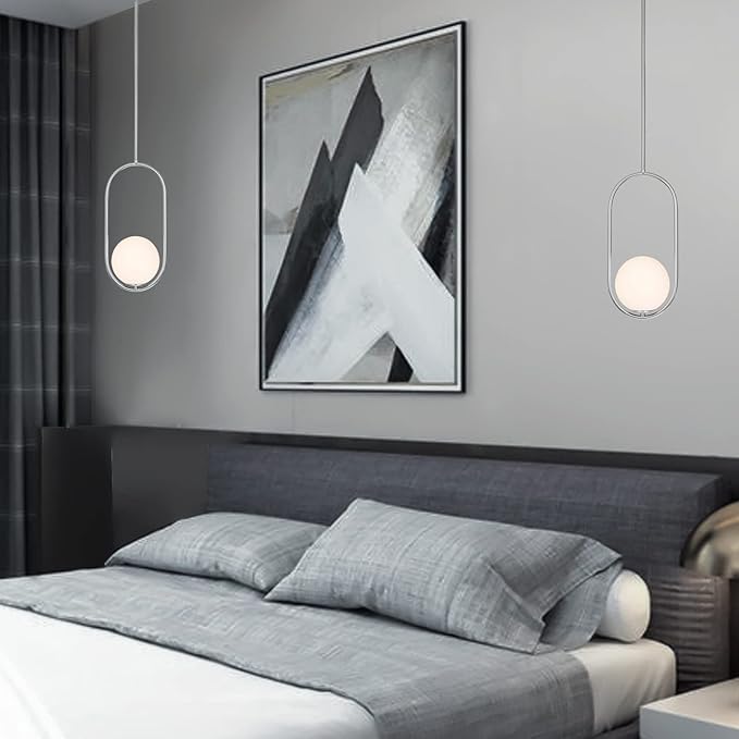 SeeU Pendant Lighting Modern Style Chrome Chandelier,Single Hanging Light Fixture Milky Glass Globe Lampshade Pendant Light Fixture for Kitchen Island,Dinning Room Bedroom