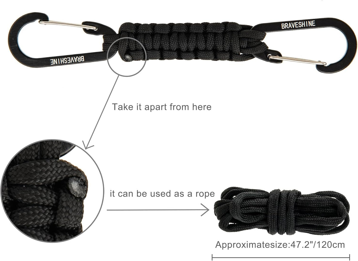 BRAVESHINE Carabiner Keychain Hook with Paracord Strap - 2 Pack Green D Ring Key Clips Para Cord Lanyard Hanger Stroller Hooks for Water Bottle, Belt Loop Keys, Backpacks, Boys, Girls, Men, Women
