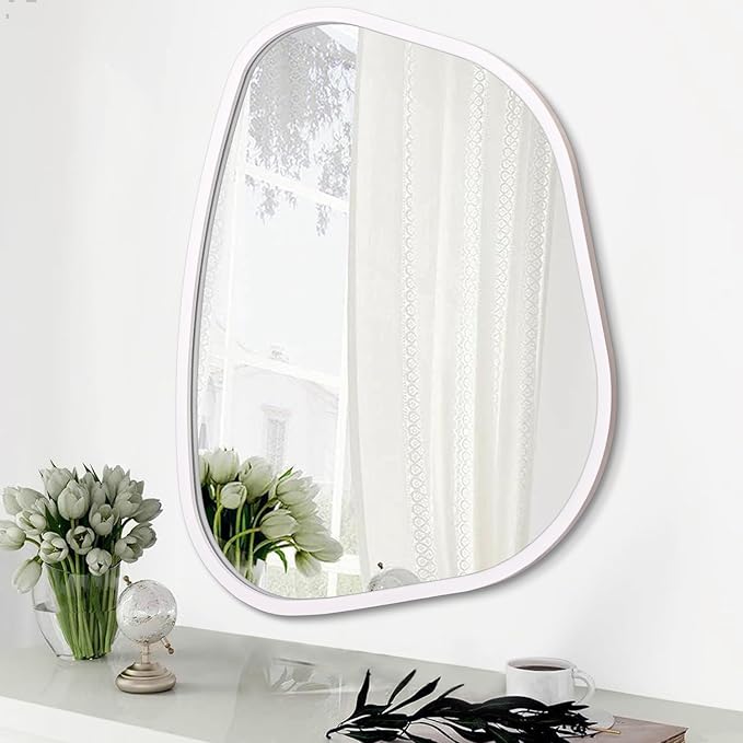 White Irregular Bathroom Mirror Modern Oval Wall Mirror Asymmetrical Wooden Framed Wall Mirror Unique Shape Wall Mounted Vanity Artistic Mirror Decor for Living Room Bedroom Entryway Small 14"x10"