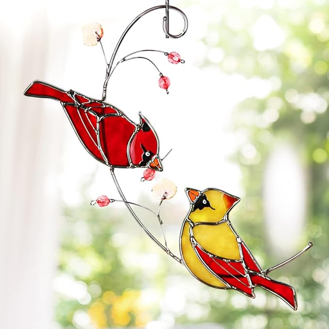 Stained Glass Cardinal Suncatchers for Women Gifts,Male & Female Cardinal Sun Catcher Stained Glass for Window Hangings,Red Birds Sun Catchers for Christmas Dec, Rememberce Gifts for Bird Lovers