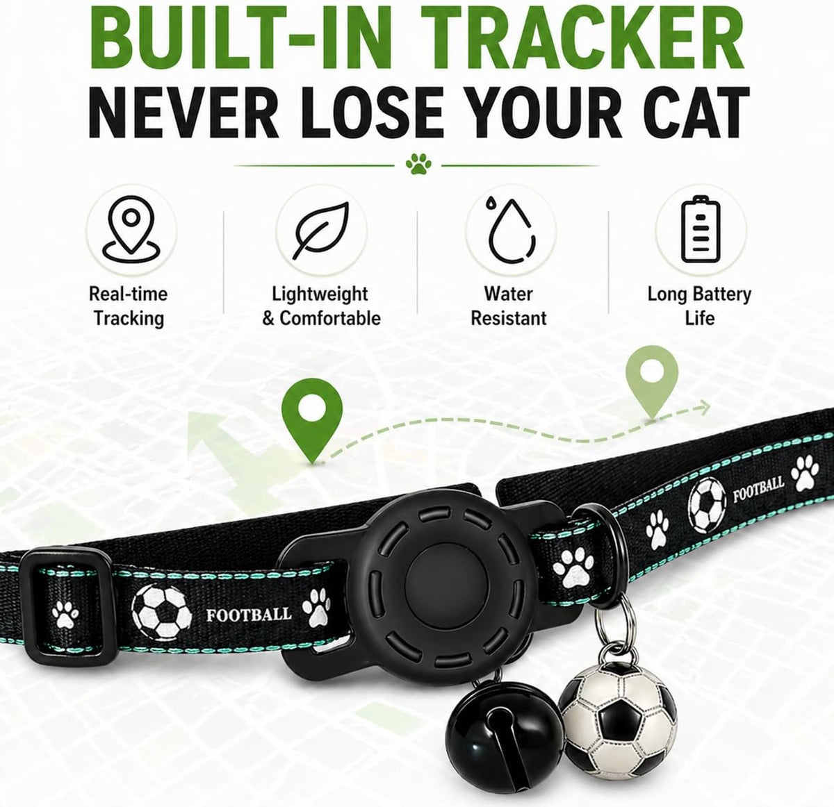 GPS Collar for Cats (Android Only) Pet Tracker, Soccer Style Smart Tag Compatible with Google Find My, Waterproof No