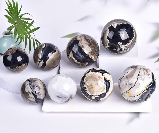 JIC Gem Volcanic Agate Crystal Sphere Large Quartz Crystal Ball with Stand Healing Ornament Witchcraft Meditation Decor 3.5-4 inch(90-100mm)